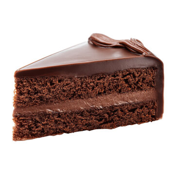 A rich chocolate cake slice with a smooth frosting and layered texture, showcasing deep cocoa colors and a glossy finish.