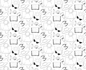beach essentials seamless pattern. Vector graphic line ink illustration of book, sunglasses, bag, seashells, sunscreen cream. background for banners, print for fabric, labels, t-shirt printing.