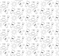 Sunscreen creams in tube, sun and hat Seamless pattern. Sun protection products. Sunblock summer cosmetics. Skin care. Vector graphic line ink illustration for wallpaper, textile, packaging