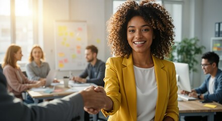 Fototapeta premium Confident professional woman offering a handshake while colleagues collaborate in a modern office environment. Bright sunlight enhances the positive and productive atmosphere, emphasizing teamwork