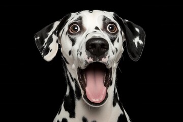 Startled dalmatian with wide eyes and open mouth against a black background captures the essence of surprise and excitement in a studio shot with a close up view