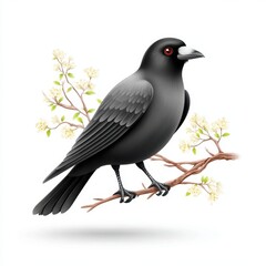 Obraz premium Black Bird on Flowering Branch Detailed Wildlife Illustration