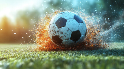 Fototapeta premium Soccer ball kicking up dirt and grass in sunlight