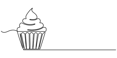 Cupcake with cream and cherries in continuous one line drawing. Minimalist dessert illustration, Continuous one line drawing of cupcake. One line drawing illustration of muffin cake. Pastry, bakery. 