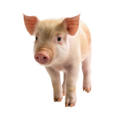 A young pig stands with its ears perked up, displaying a curious expression and a soft, light pink...