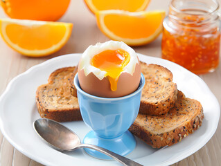 Fototapeta premium Soft Boiled Egg with Toast and Orange Slices