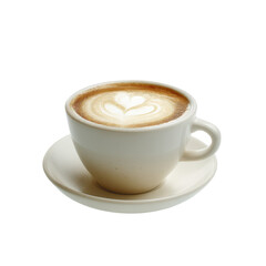 Fototapeta premium A frothy cup of coffee with a heart-shaped latte art design on the surface, presented on a matching saucer.