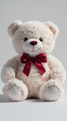 Obraz premium Close-up of a soft fluffy plush teddy bear with a red satin bow sitting on a white surface with a plain light background, toy for children or gifts