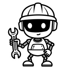 Fototapeta premium Cute robot engineer holding wrench in helmet - concept of robotics AI engineering mechanic automation cartoon