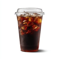 Iced coffee in plastic cup on white background
