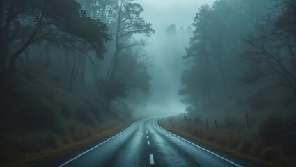 Winding road through mystical misty forest