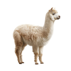 Obraz premium A light-colored alpaca stands gracefully, showcasing its fluffy coat and unique facial features.