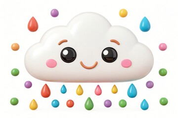 Adorable Cartoon Cloud Character Raining Colorful Drops and Balls Cute 3D Render