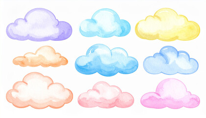 Set of cute watercolor clouds with soft, fluffy edges and pastel hues. Hand drawn art.