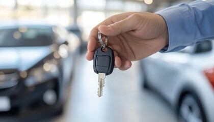Cropped Closeup Of Car Dealer Passing Car Keys To Camera With Copyspace In Car Dealership Salon Manager Salesman Selling Vehicle.