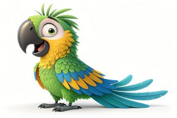Adorable Cartoon Macaw Parrot Vibrant Green Yellow Blue Feathers 3D Render