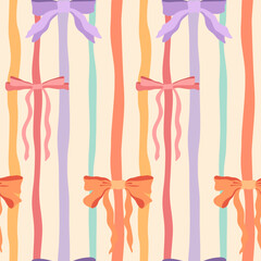 Colorful ribbon bows and stripes vector seamless pattern. Cute repeat tile. Pastel pink, lilac bowknots on wavy striped background. Playful modern girly design for wrapping paper, birthday packaging
