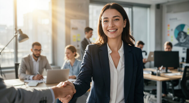 A confident businesswoman shakes hands, exuding professionalism in a collaborative office environment with colleagues working in the background, symbolizing teamwork and successful agreements.

