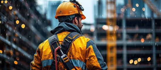 Obraz premium Worker safety harness, city construction, rain