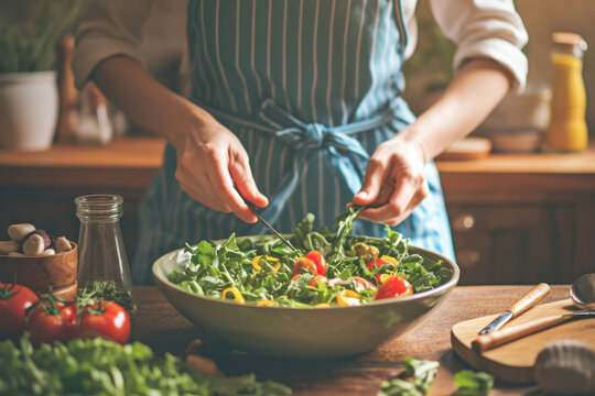 Woman in apron slicing fresh veggies for a colorful salad, surrounded by bowls of ingredients and kitchen utensils on a wooden countertop.