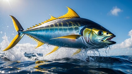 Yellowfin tuna leaping from ocean in brilliant detail