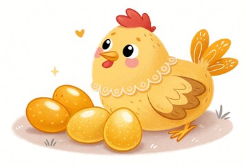 Adorable Yellow Chick with Golden Easter Eggs Illustration