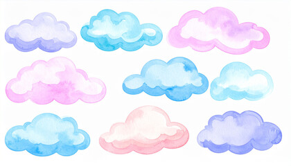 Set of cute watercolor clouds with soft, fluffy edges and pastel hues. Hand drawn art.