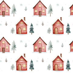 Cute watercolor houses background. Seamless pattern with hand drawn red houses and snowflakes. Fairytale forest houses.