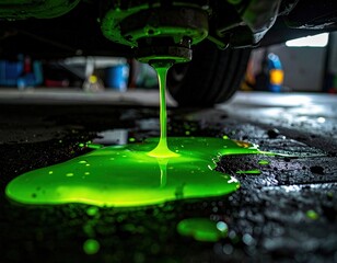 Bright green fluid leak from vehicle engine on dark garage floor