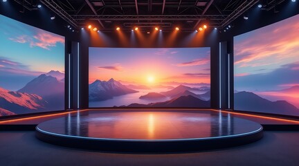 Virtual event platforms A modern stage setup featuring three large screens displaying a vibrant sunset over mountains and a reflective floor.
