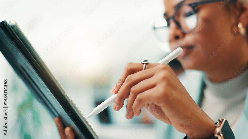 Poster Tablet, stylus and hand of woman in office for web development, update or reading software review. Network, coding and programmer on digital app with pen, thinking and ux design at tech agency