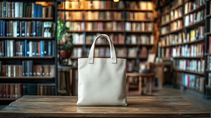 Cream tote bag on wooden table in library setting