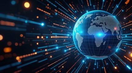 Virtual event platforms A digital representation of Earth surrounded by radiant blue lines and glowing particles, symbolizing technology and connectivity.