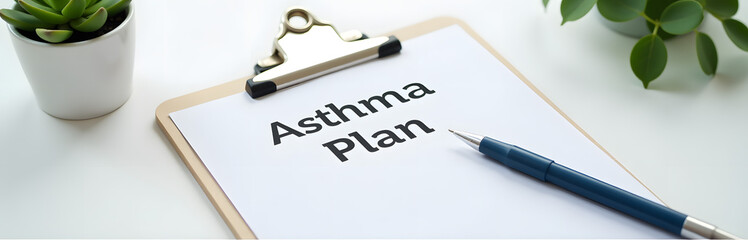 Fototapeta premium Clipboard and pen with asthma action plan on clean desk background_00002_