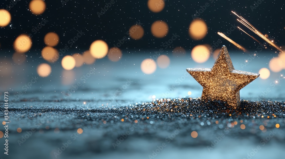 Poster star is on a dark background with a lot of light shining on it. the star is surrounded by a lot of g