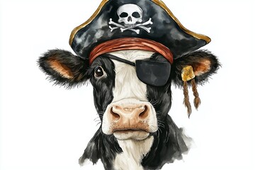 Whimsical watercolor artwork of a cow dressed as a pirate with eyepatch and red bandana showcasing humorous character and creative farm theme, Generative AI