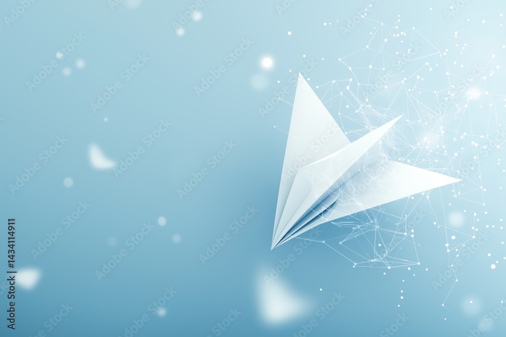 Poster minimalistic futuristic paper plane soaring through digital blue sky background symbolizing modern c
