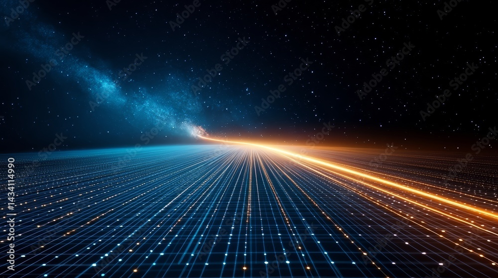Poster starry night sky with a bright blue line that looks like a milky way. the sky is filled with stars a