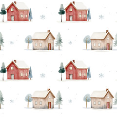 Fototapeta premium Cute watercolor houses background. Seamless pattern with hand drawn wooden houses. Wintertime. Fairytale forest houses.