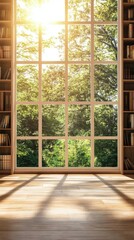 Fototapeta premium Sunlight streaming through window illuminating bookshelf and wooden floor creating a serene indoor scene showcasing nature and tranquility in a bright and airy space