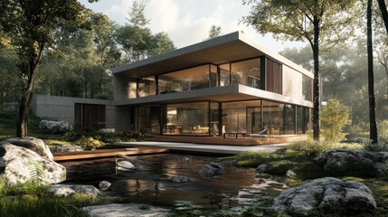 Obraz premium Modern home nestled amidst lush forest surroundings.