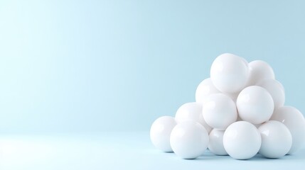 White Spheres Minimalist Style, High-Quality Render, Low Angle Wide Shot, Smooth Surfaces, Static Arrangement, Light Blue Background, Calm Serene Mood, Perfect for Website Design