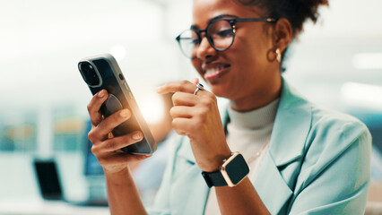 Scrolling, phone and businesswoman in office with research on internet for stock market news....