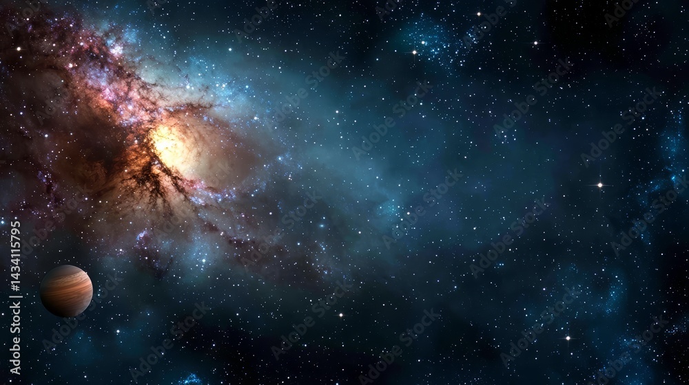 Aufkleber Starry sky with a planet in the foreground. The sky is filled with stars and the planet is small and distant