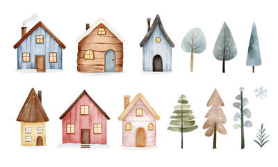 Naklejka premium Set of watercolor scandinavian houses and trees. Cute colorful houses. Hand drawn childlike illustration