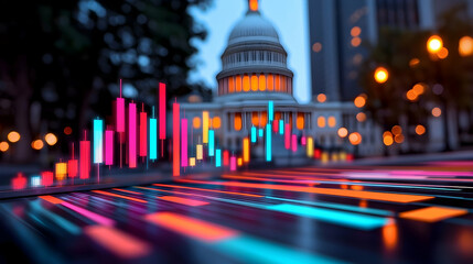 Night Cityscape with Capitol Building and Vibrant Stock Market Chart Overlay