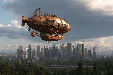 Obraz premium Steampunk airship gliding above contemporary city art 
