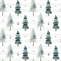 Winter seamless pattern with snowy trees. Christmas pattern. Wintertime backgrounds. Cute watercolor fir trees.