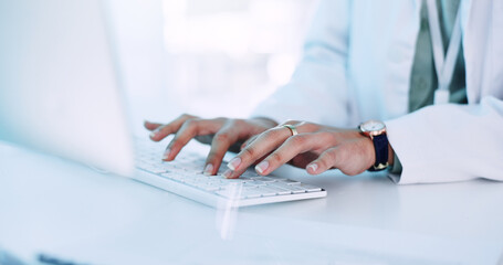 Hands, woman and scientist typing in lab for medical research, experiment results and study report....