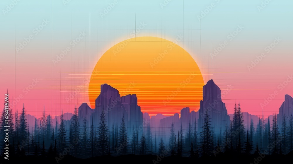 Poster sunset over a mountain range with a large orange sun in the sky. the sky is a mix of pink and blue h